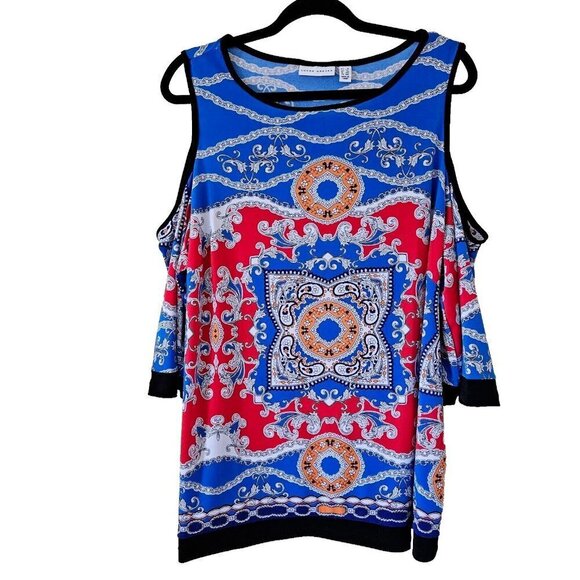 Susan Graver Multicolor Mandala Print Cold Shoulder Short Sleeve Tunic Top 1X - Picture 1 of 11